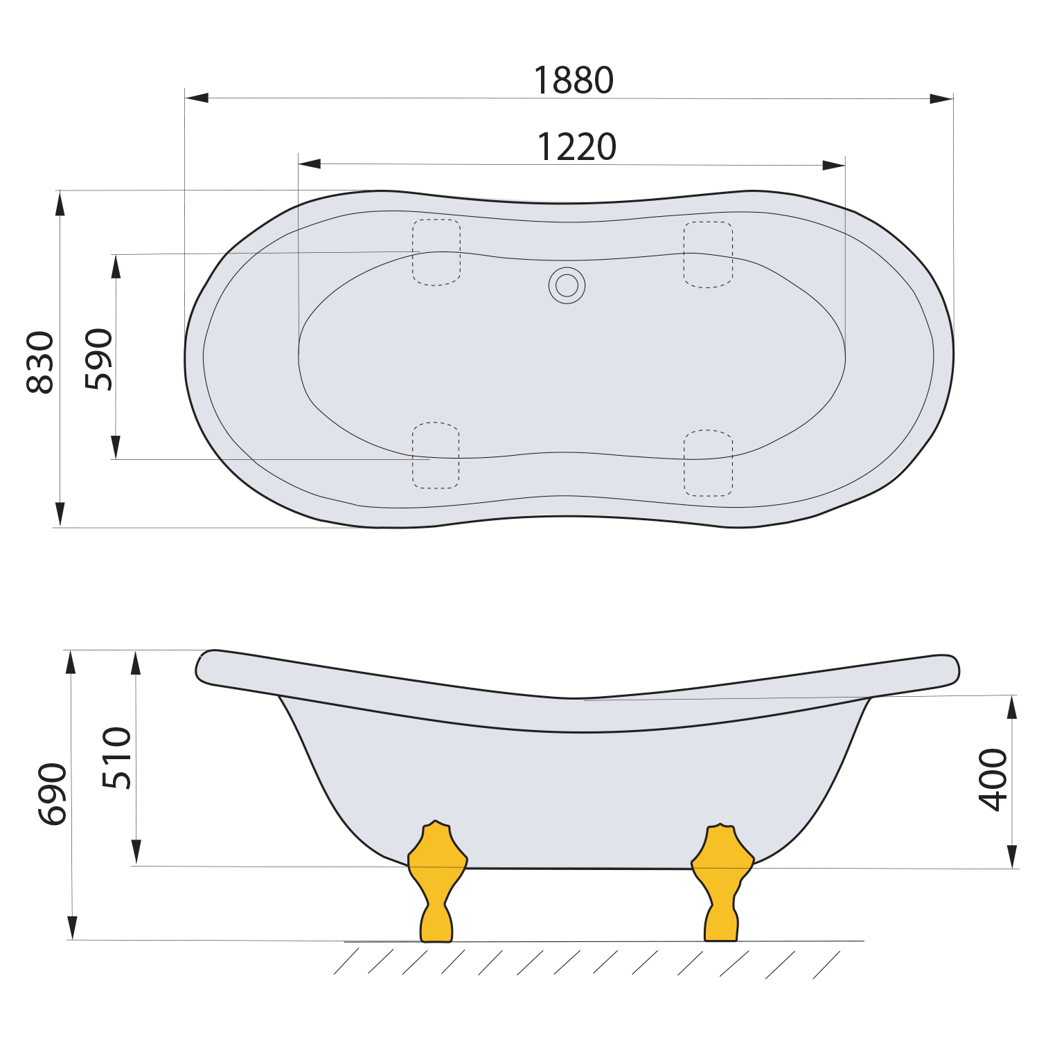 CHARLESTON volně stojící vana 188x83x69cm, nohy bílé, bílá